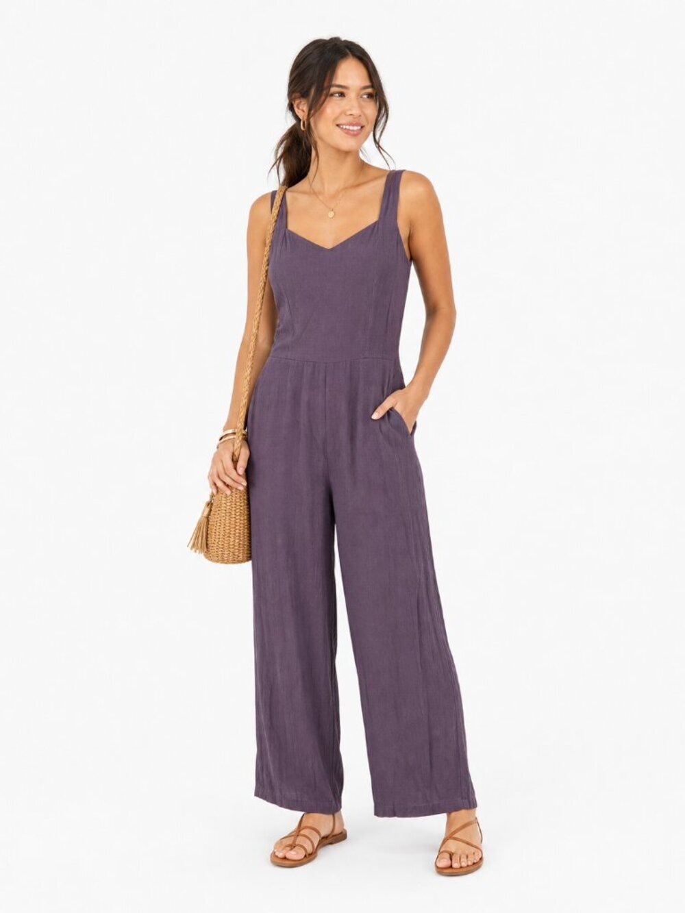 Market & Spruce Jaida Smocked Back Wide Leg Jumpsuit Purple Size M
